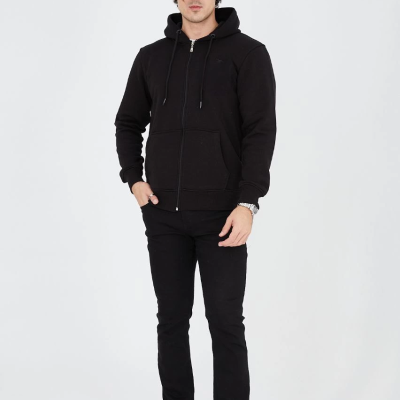 Tam Fermuarlı Kapşonlu  SweatShirt - Siyah -